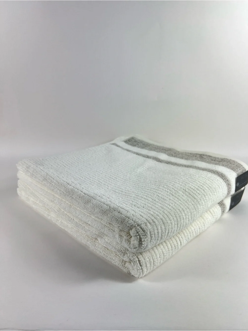 Hotel Balfour BathTowel Set White Tan Stripe Fringe Soft Turkish Cotton 2 Pc NEW
